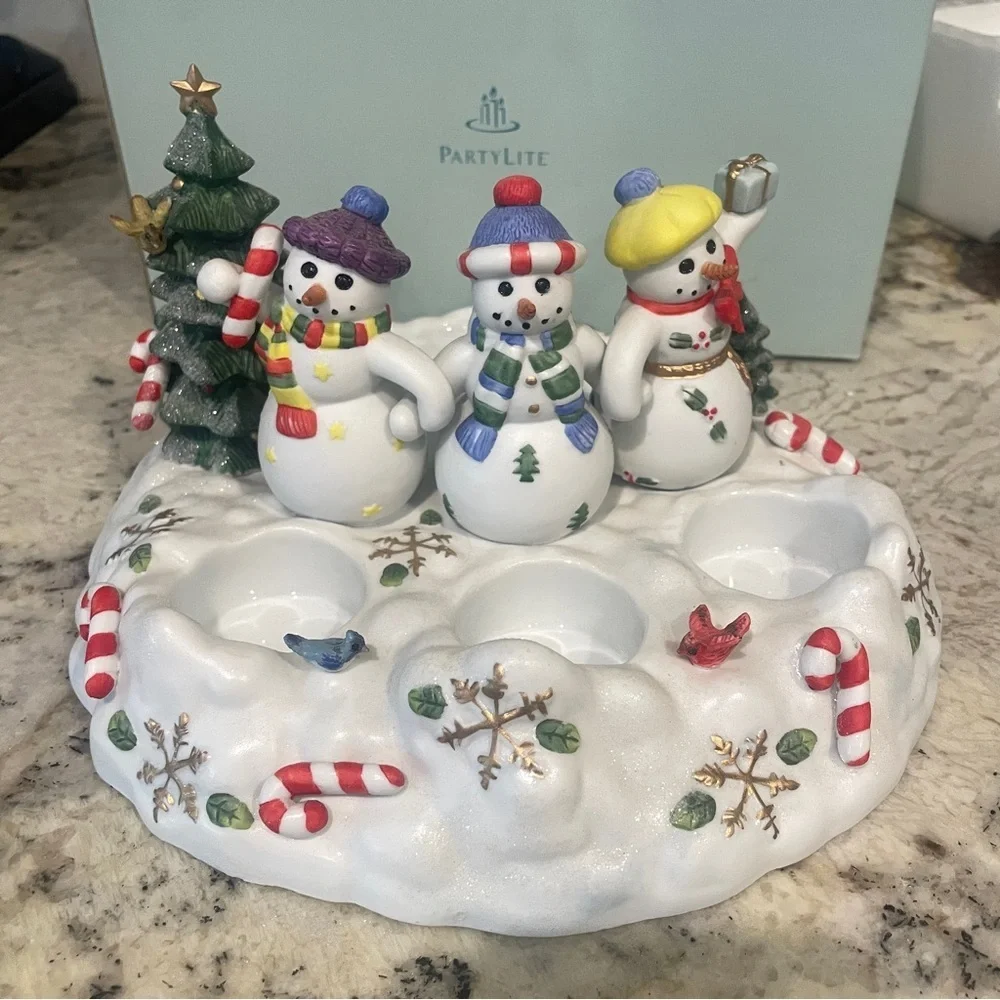 Partylite Snowman Trio Pillar & Tealight Holiday Candle Holder Snowmen 10